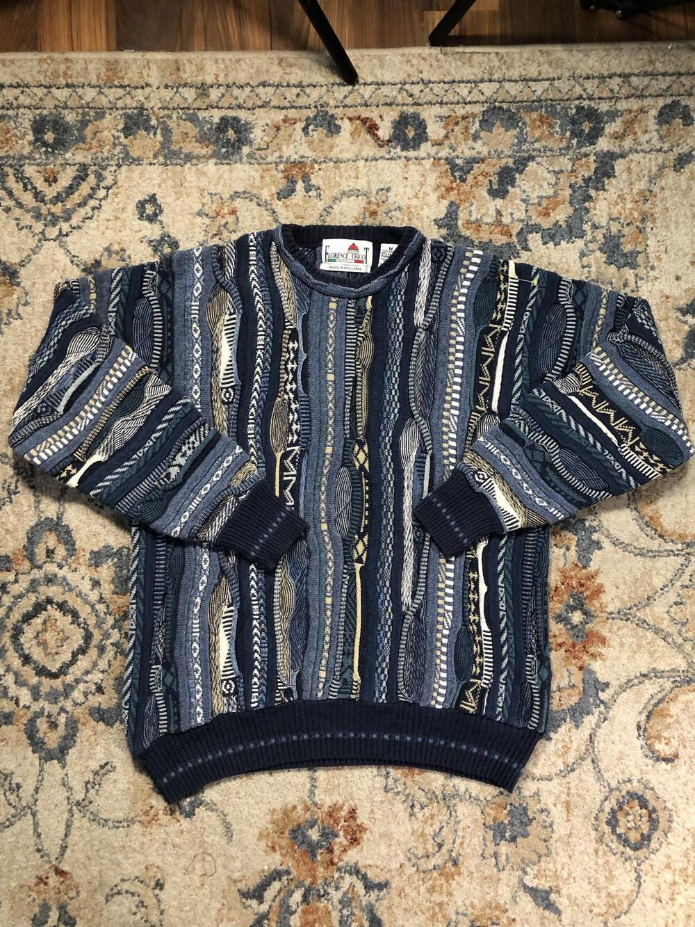 Vintage Florence Tricot Sweater Mens Medium Blue Geometric 3D Knit Pullover